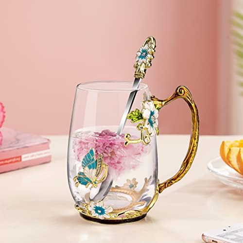 OEAGO Birthday Gifts for Women Mom Glass Coffee Enamels Mug Best Mothers Day Butterfly Gifts for Her from Daughter Son Lead-Free Christmas Tea Cup with Spoon Sets
