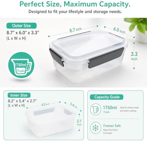 YORY 7cup Plastic Food Storage Containers With Lids For Leftover,5pk