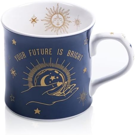 Blue Celestial Coffee Mug, "Your Future is Bright" Inspirational Theme Ceramic Mug, 12 oz New Bone China Mug with Tarot Symbols of Sun, Moon & Stars, Designed in England by Harvest Green Studio