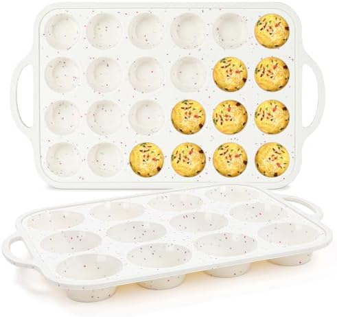 FUNBAKY Silicone Cupcake Pan, Metal Reinforcement Regular Size 12 Cups & Mini 24 Cups Nonstick Easy to Demold Baking Mold for Making Homemade Muffins