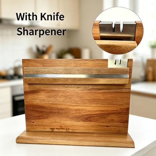 Solid Acacia Wood Magnetic Knife Holder with Stainless Steel Sharpener, Double-Sided Knife Display Stand for Stylish Kitchens, Cooking Enthusiasts and Gifts