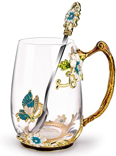 OEAGO Birthday Gifts for Women Mom Glass Coffee Enamels Mug Best Mothers Day Butterfly Gifts for Her from Daughter Son Lead-Free Christmas Tea Cup with Spoon Sets