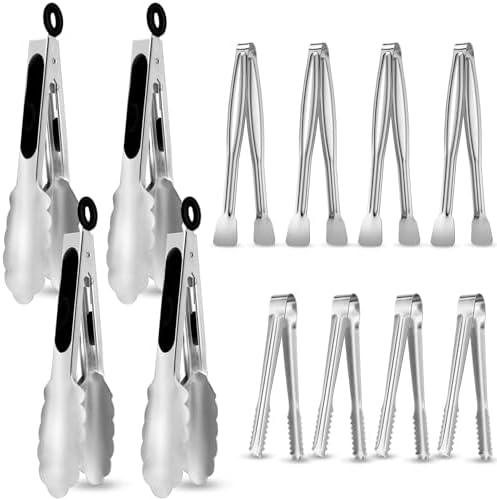 CHENGU 12 Pack Stainless Steel Kitchen Tongs 5/6/7 Inches Food Serving Clip Kitchen Cooking Tongs High Heat Resistant Clips for Cooking Non Stick Grill Salad (Black and Silver, Regular)