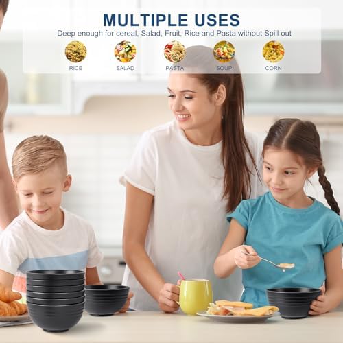 HOTEC BPA Free Unbreakable Wheat Straw Cereal Bowls - Microwave & Dishwasher Safe Soup and Salad Bowls, Set of 8, 26oz, Black (Pack of 2)