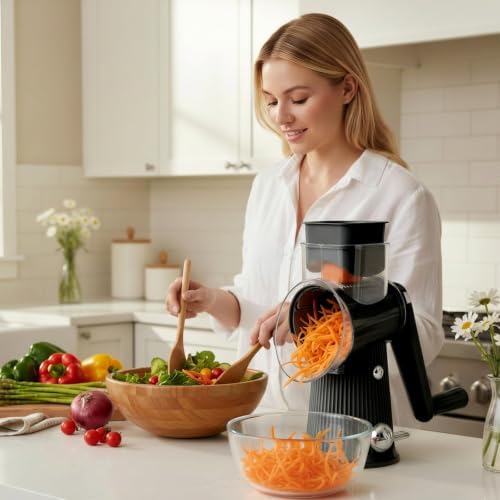 Rotary Cheese Grater with Handle - Vegetable Shredder with 5 Blades & Strong Suction Base, Round Slicer & Food Chopper for Kitchen (Black)
