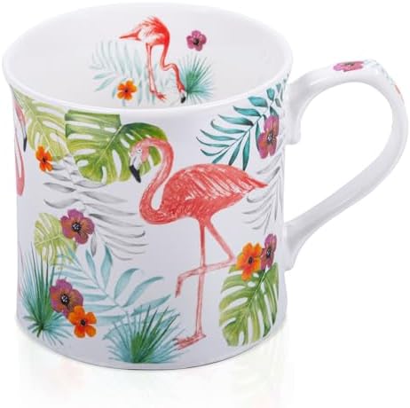 Flamingo Coffee Mug, Pink Flamingo & Tropical Plants Ceramic Mug, 12oz New Bone China Tea Mug, Birthday & Summer Gift for Women & Girls, Designed in England by Harvest Green Studio