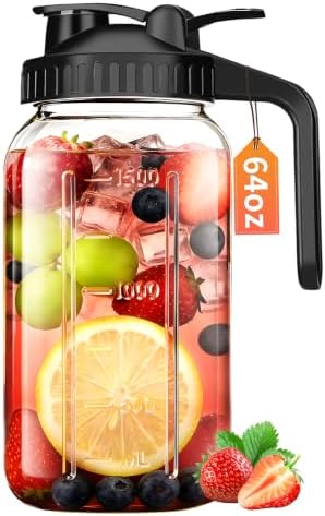64 oz Mason Jar Pitcher with Lid, Airtight & Leakproof Glass Pitcher