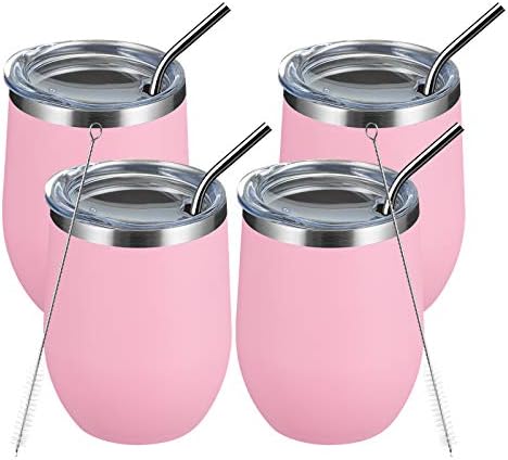 MEWAY 12oz/4 Pack Wine Tumbler Glasses with Lid - Stemless Double Wall Vacuum Stainless Steel Travel Tumbler - Keeping Cold & Hot for Wine,Coffee,Cocktails,Drinks-Family and Gifts (Pink,Set of 4)