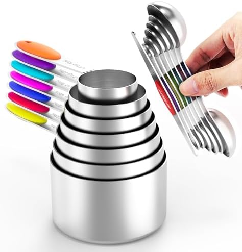 TILUCK Nesting Measuring Cups and Spoons Set, Stainless Steel with Soft Silicone Handle – Heavy Duty & Dishwasher Safe for Measuring Dry/Liquid Ingredients, Ideal for Cooking & Baking (14)
