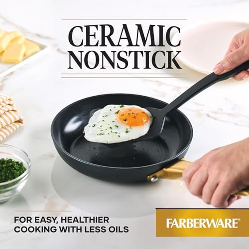 Farberware Forged Induction Ceramic Cookware Nonstick Frying Pan/Skillet, Dishwasher Safe, Suitable for All Stovetops, 8.25 Inch Fry Pan - Black and Gold