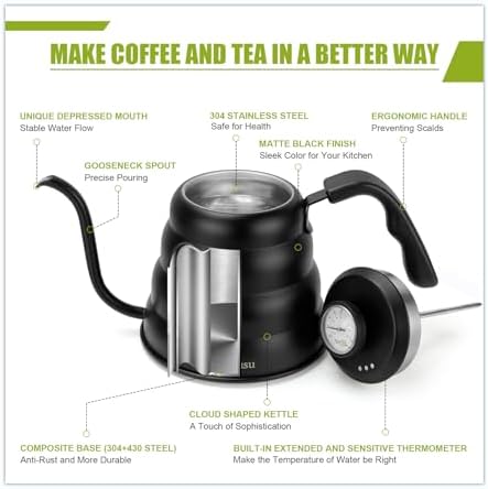Tea Kettle For Stovetop,Pour Over Tea Coffee Kettle,Thermometer,Black,28oz
