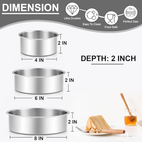 Leonyo 4-6-8 Inch Round Cake Pans Set of 3, Molds Tin for Baking, 2In Deep