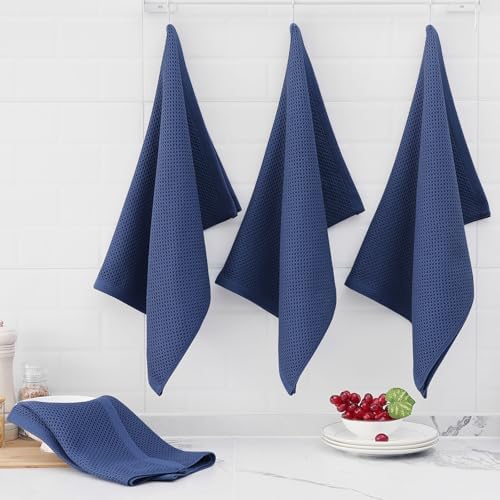Homaxy 100% Cotton Oversized Waffle Weave Kitchen Towels 4-Pack, Navy Blue
