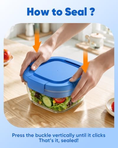 Canfanni Glass Salad Container, 56oz Bowl with Airtight Lids, Tray, Fork