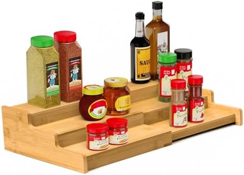 Spice Rack 3-Tier Natural Bamboo, Adjustable Cabinet Organizer Shelf