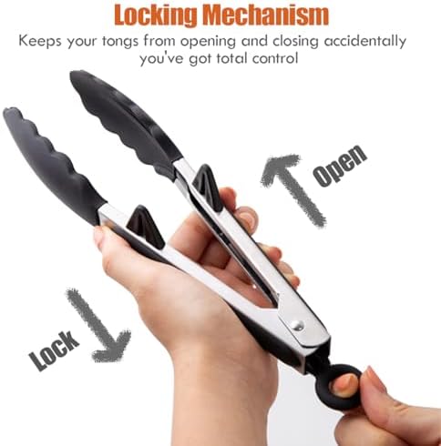 9" Kitchen Tongs for cooking with Silicone Tips, 3Pcs Serving Tongs, Black