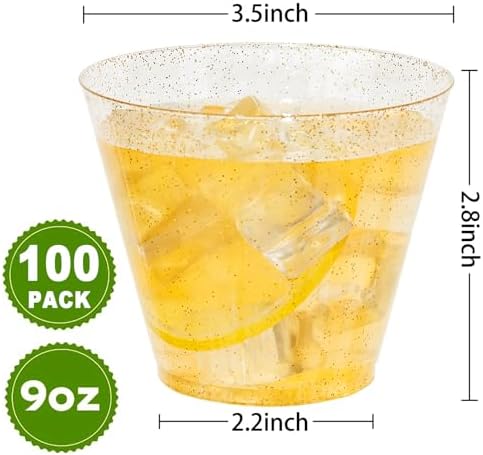 I00000 100 Pcs Gold Plastic Cups, 9 oz Hard Gold Glitter Disposable Cups