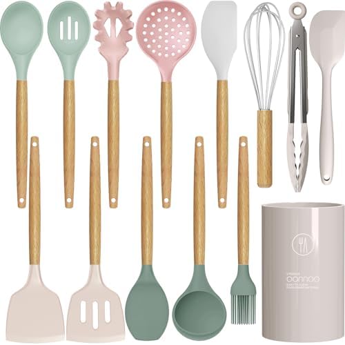 oannao Silicone Cooking Utensils Set - 446°F Heat Resistant Silicone Kitchen Utensils for Cooking,Kitchen Utensil Spatula Set w Wooden Handles, BPA FREE Gadgets for Non-Stick Cookware (Colorful)