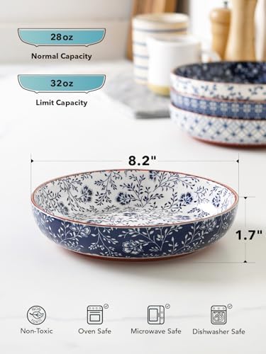 LE TAUCI Pasta Bowl 32 oz, Ceramic Salad Bowl, Japanese-Style Plate Bowls for Serving Pasta, Fruits, Salad, Noodle, Dinner, Soup, Microwave Oven Dishwasher Safe - 8.2 Inch, Set of 4, Vintage Blue