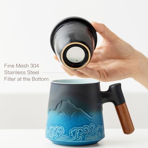 ZENS Tea Cup with Infuser and Lid for Loose Leaf Tea Steeper, 15oz Blue