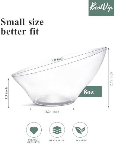 BESTVIP 8 Oz Clear Plastic Angled Serving Bowls, 12 Pack
