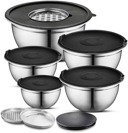 AVADOR Premium Brushed Stainless Steel Mixing Bowls Sets, Easy To Clean, Space Saving, Great for Cooking, Baking, Prepping Needs 0.25qt, 1qt, 1.5qt, 3qt, 5qt (8 pc with Lid and Grater)