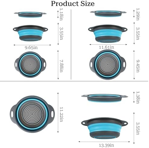 Collapsible Colander 3-Pack Set Space-Saving Foldable Kitchen Strainer with Non-Slip Base Durable Thickened PP+TPE Collapsible Strainers for Pasta, Vegetables, Fruits (Gray-Blue)