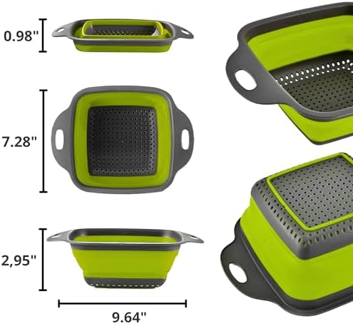 Square Collapsible Colander with Handles – Green Square Silicone Kitchen Strainers with Plastic Handles Foldable Kitchen Strainer Perfect for Draining Pasta Vegetable and Fruit Green