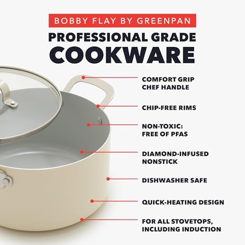 GreenPan x Bobby Flay 6QT Stockpot with Glass Lid, PFAS-Free Diamond Ceramic Nonstick Pot, Induction Suitable, Easy Clean Dishwasher & Oven Safe, Quick Heating, Pasta, Soups, Cream