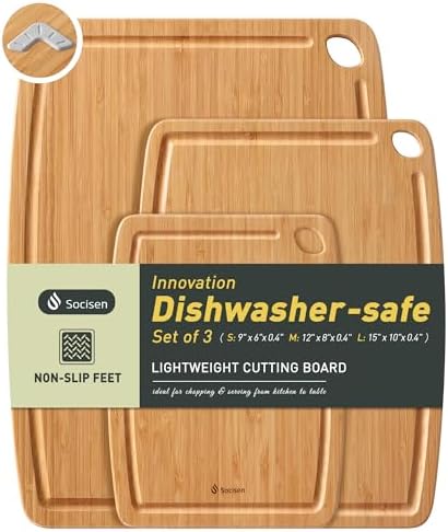 Lightweight Durable Bamboo Cutting Board Set with Non-Slip Feet, Wood Cutting Board for Busy Kitchen, Easy Clean Wooden Chopping Boards with Juice Groove Best House Warming Gift Set of 3 (S+M+L)