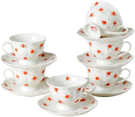 6oz Floral Porcelain Tea Cup & Saucer Set of 6