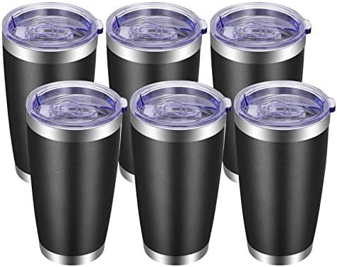 VEGOND 20oz Tumbler with Lid and Straw Stainless Steel Tumbler Cup Bulk Vacuum Insulated Double Wall Travel Coffee Mug Powder Coated Coffee Cup, Black, 6 Pack