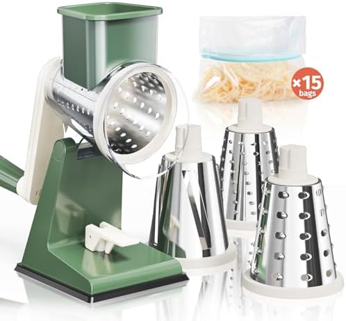 Upgraded Rotary Cheese Grater with 3 Interchangeable Stainless Steel Drums, One-Press Powerful Suction Manual Vegetable Shredder & Slicer for Kitchen, 15pcs Storage Bags Included, Olive Green