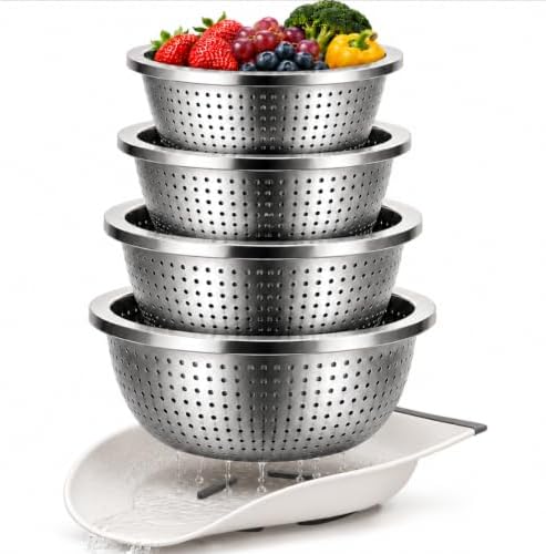 Stainless Steel Colander Set with Self-Draining Silicone Base, 4 Sizes Metal Strainers for Kitchen, Colanders & Food Strainer for Pasta, Fruit, Vegetables & Noodles - 2.2 Qt/ 3.3 Qt/ 4.0 Qt & 5.3 Qt
