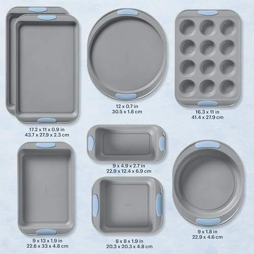 Pyrex 8-Piece Metal Bakeware Set with Heatsafe Silicone Handles, Cerulean