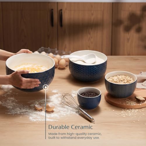 KooK Ceramic Nesting Bowls, Embossed, Oven Safe, Set of 4, Midnight Blue