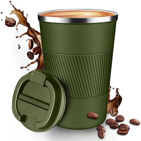12OZ Travel Coffee Mug Insulated Coffee Cup with Spill Leak Proof Lid, Portable Stainless Steel Tumbler Reusable Hot and Cold Water Mug for Car, Daily, Camping- Military Green