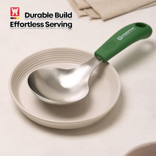 Short Stainless Steel Ladle 220mm (8.6”) – SUS304 Thick Deep Bowl Head with Soft-Grip Silicone Handle – Lightweight Mini Soup & Serving Spoon for Cooking – 5 Color Options (Green)