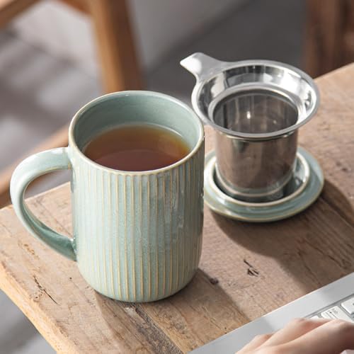Yundu 15.5oz/470ml Flambe Green Ceramics Teacups with Infuser and Lid, Loose Leaf Tea Cup