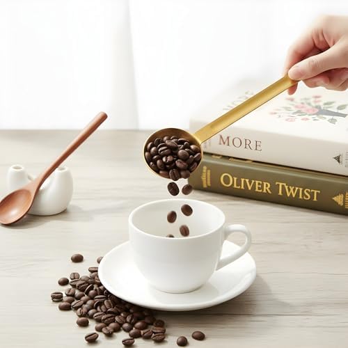 Double Sided Coffee Measuring Spoon, Stainless Steel Teaspoon Scoop 1 Tsp (5ml) and 1 Tbsp (15ml) Tablespoon Measuring Spoon, Dual-Measure Long-Handle Spoons for Kitchen Sugar Baking Precise Gold