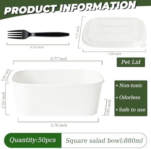 DI QIU REN 50-Pack 29oz Disposable Meal Prep Containers with Lids & Forks, Kraft Paper Bowls To Go Take Out Food Containers with Lids, Microwave & Freezer Safe (White Kraft Paper, 29oz 50 Count)