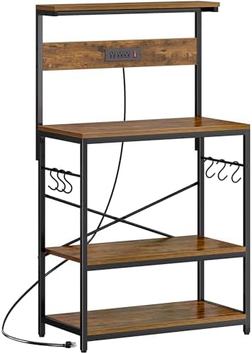 SUPERJARE Bakers Rack with Power Outlets, Microwave Stand, 31.5 X 16.5 Inch Larger Desktop, Kitchen Storage Rack with Adjustable Middle Shelf, 6 S-Shaped Hooks, Coffee Bar Stand, Rustic Brown