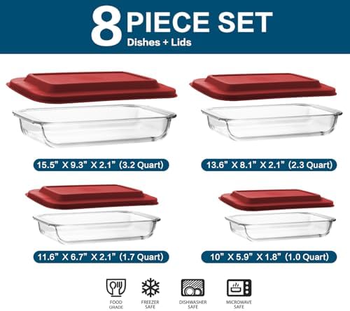 M MCIRCO 8 Piece Deep Glass Baking Dish with Lids, BPA free, Red