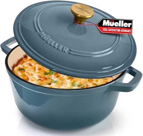 MUELLER HOME 7.5 Quart Enameled Cast Iron Pot Dutch Oven, Heavy-Duty, Oven-Safe up to 500° F & Across All Cooktops, Bread Pan with Lid & Knob, Cast Iron Cookware, Blue Kitchen Accessories,Mineral Blue
