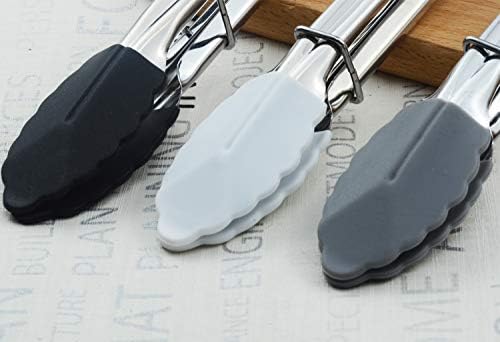HINMAY 7-Inch Mini Tongs with Silicone Tips, Set of 3 (Black White Gray)
