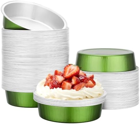 Beasea Mini Pie Tin Pan 100 Pack, 4" 7.3oz 215ml Disposable Baking Cups Only, Aluminum Foil Mini Ramekin No Lids Baking Pie Tart Pan Cheesecake Cups for Birthday Wedding Party - Avocado Green