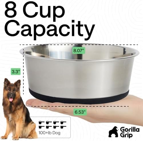GORILLA GRIP Dog Bowl, Food Grade Stainless Steel Water Bowls, 8 Cup Black
