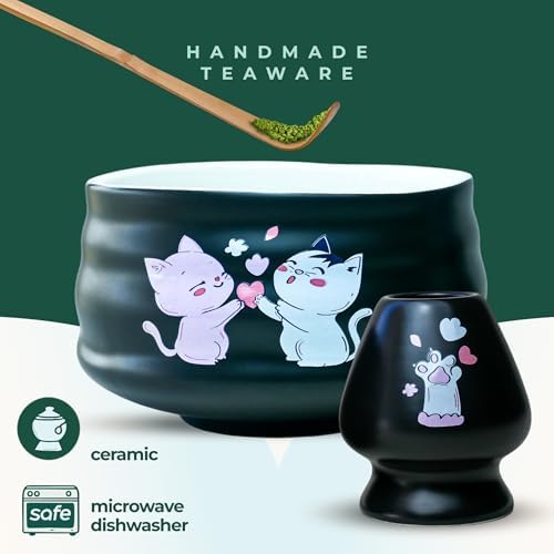 Aprika Life Matcha Whisk Set 6 Pcs - Ceramic Matcha Bowl, Bamboo Whisk, Matcha Whisk Holder, Scoop, Sifter & Tea Cloth - Traditional Handmade Matcha Set - Unfurl Black with Cat print
