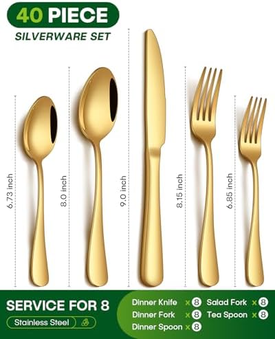 PHILIPALA 40 Piece Gold Silverware Set, Stainless Steel Flatware Set for 8 Food Grade Novelty Flatware Cutlery Utensil Set Include Knife Fork Spoon Mirror Polished Dishwasher Safe