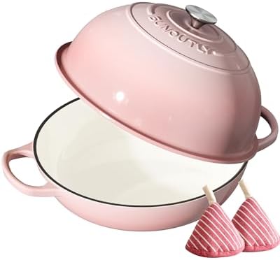 Enameled Cast Iron Bread Oven, 6QT Cast Iron Dutch Oven for Homemade Sourdough Bread Baking, Round Bread Pot with Dome Lid & Cotton Potholders, Gentle Pink